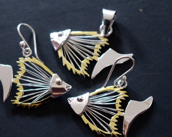 Fish Jewelry set Necklace and earrings silver skeleton fish great for lady angler two tone silver & Gold Fish Skeleton Bones