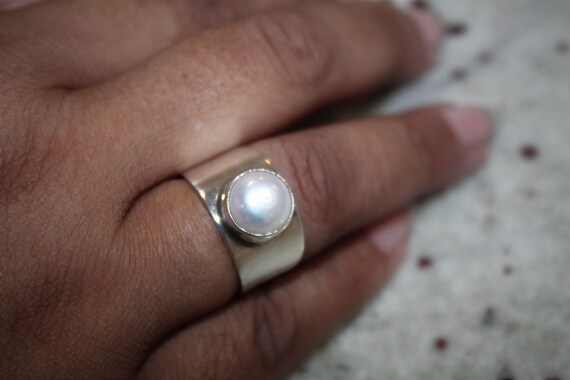 Pearl Ring Handmade Wide Band With Genuine Freshwater Pearl Etsy UK