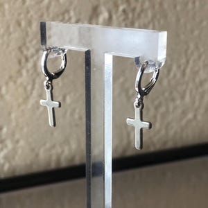 Cross hoop earrings, sterling silver Cross dangle Huggies,