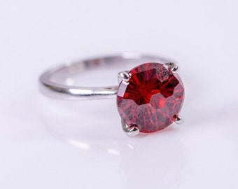 Red crystal ring, sterling silver red solitaire faceted ring, Mothers Day Gift for her