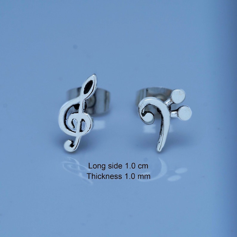 Music stud earrings, Treble and Bass Clef dainty earrings in opposite ears sterling silver handmade Chester Allen's unique music jewelry art image 3