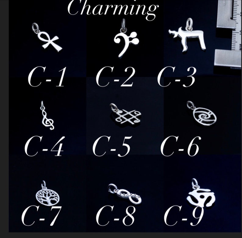 K&ouml;nnte beinhalten: Neun silberne Charms mit verschiedenen Designs, beschriftet C-1 bis C-9. Die Charms beinhalten ein Kreuz, einen Violinschl&uuml;ssel, ein Reh, eine Musiknote, einen keltischen Knoten, eine Spirale, einen Baum, ein Unendlichkeitszeichen und ein Yin-Yang-Symbol.