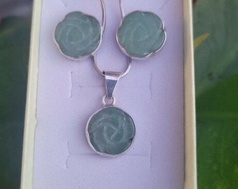 Jade Green gemstone jewelry set, Sterling silver Aventurine floral pendant and earrings, Mothers Day gift for her