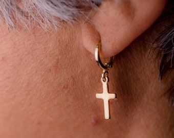 Cross hoop earrings, Cross dangle Huggie, Mothers Day Gift