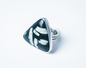 Handmade ring, triangle black stone, one of a kind, artisan jewelry