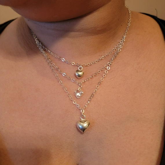 3 Strand Sterling Silver Crystal Heart Necklace Etsy Australia