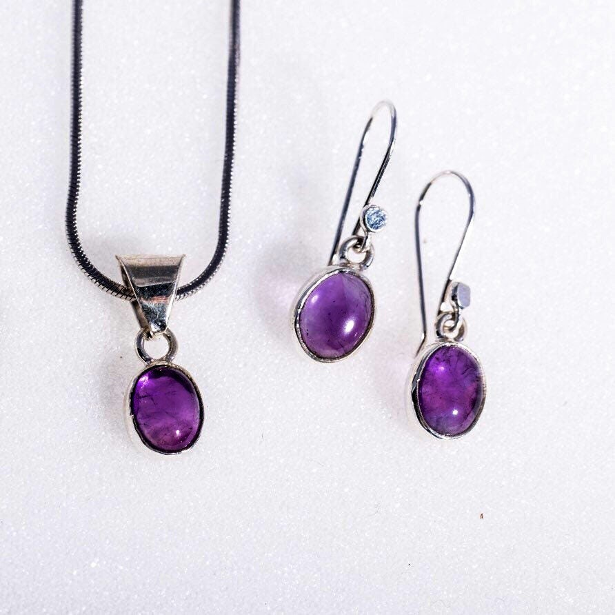 Amethyst Necklace and Earrings Set Oval 