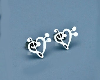 Music heart treble and bass stud earrings in sterling silver, Cool Heart stud earrings, Handmade music heart jewelry, Mothers Day gift