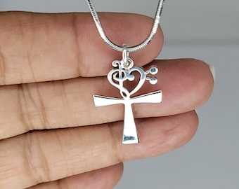 Unique Ankh necklace, music heart accent, silver key of life pendant, Kemetic jewelry, occult, goth gift, eternal life, Mothers Day Gift