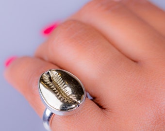 Sterling Silver Cowrie Shell Ring: Handmade Brass Accent Jewelry