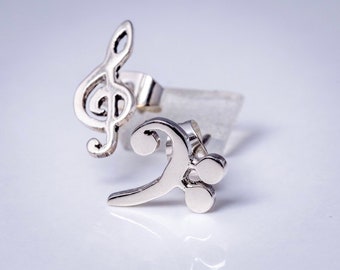 Music stud earrings, Treble and Bass Clef dainty earrings in opposite ears sterling silver handmade Chester Allen's unique music jewelry art