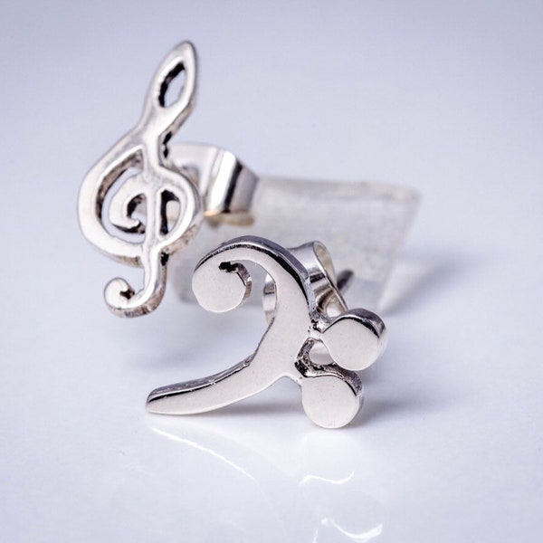 Music stud earrings, Treble and Bass Clef dainty earrings in opposite ears sterling silver handmade Chester Allen's unique music jewelry art