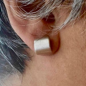 May include: A pair of silver earrings with a brushed finish. The earrings are shaped like a cylinder and are about 1 cm in length.