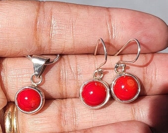 Red Coral Drop earrings and pendant set, sterling silver, Mothers Day gift for her