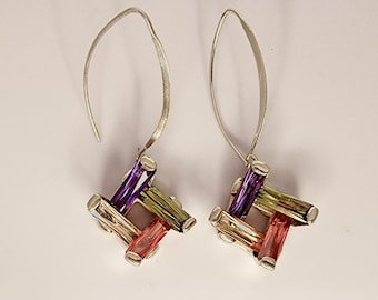 Square drop Earrings, Multi color crystal dangle earrings set in Sterling Silver