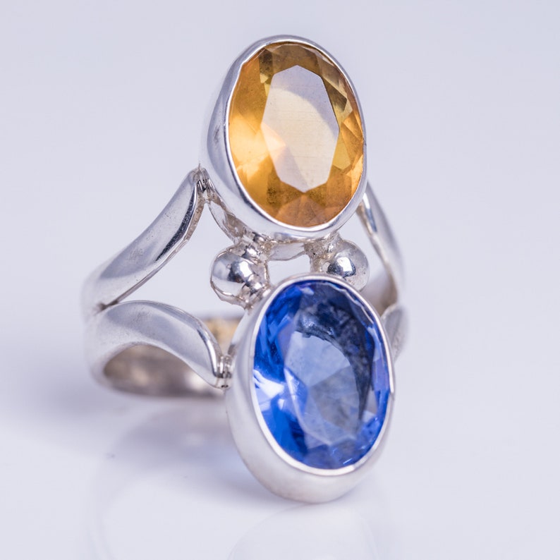 Blue and Golden topaz ring set in sterling silver, unique double gemstone, handmade jewelry gift, November and December birthstone image 2