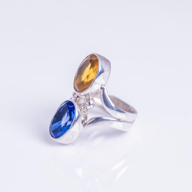 Blue and Golden topaz ring set in sterling silver, unique double gemstone, handmade jewelry gift, November and December birthstone image 3
