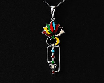 Chakra Necklace, Yoga Gifts, Lotus pendant, Energy amulet, Metaphysical, Spiritual, rainbow color, sterling silver, gift for boyfriend, yogi