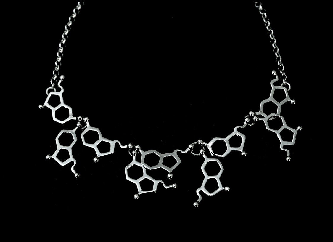 Serotonin Molecule  necklace, sterling silver science gift