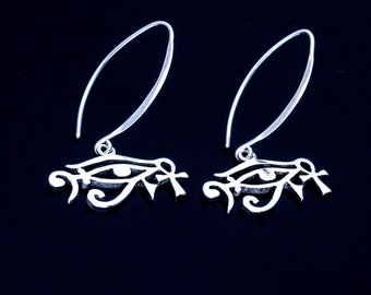Silver drop earrings, Egyptian symbol jewelry, Unique music theme gift, bass clef, eye of Horus,  eye of Ra, Kemetic,  protective talisman