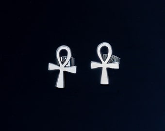 Ankh stud earrings, sterling silver studs, Egyptian coptic cross, Kemetic jewelry, mystic, goth, gift