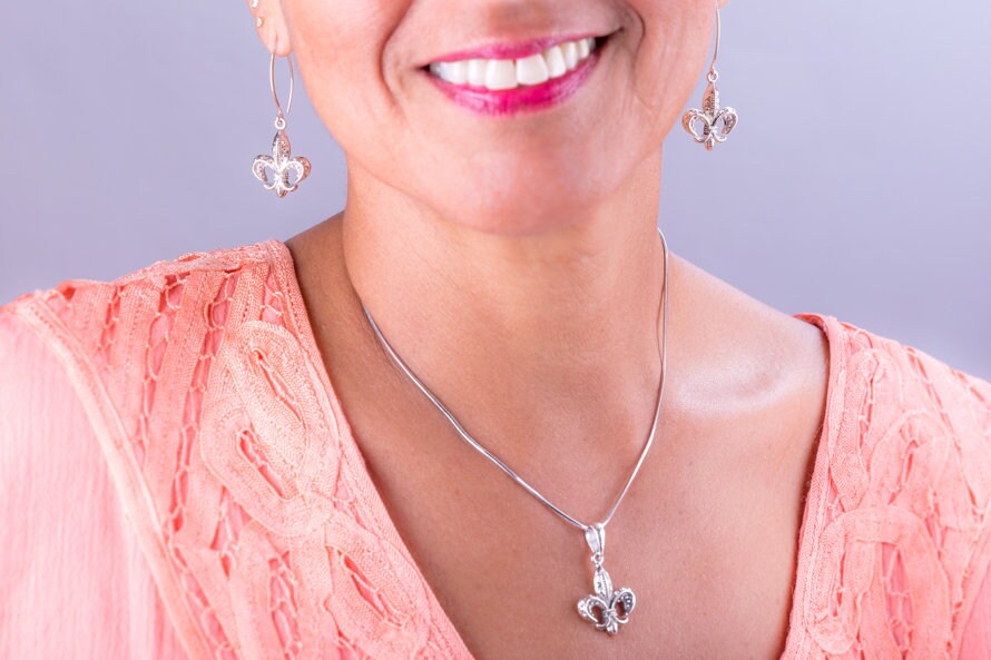 Fleur De Lis Jewelry Set, Sterling Silver Earring Necklace