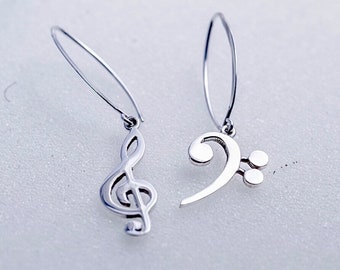 Music drop earrings, Treble and Bass Clef in opposite ears, handmade jewelry, sterling silver, perfect fun gift for her