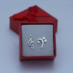 Music stud earrings, Treble and Bass Clef dainty earrings in opposite ears sterling silver handmade Chester Allen's unique music jewelry art image 2