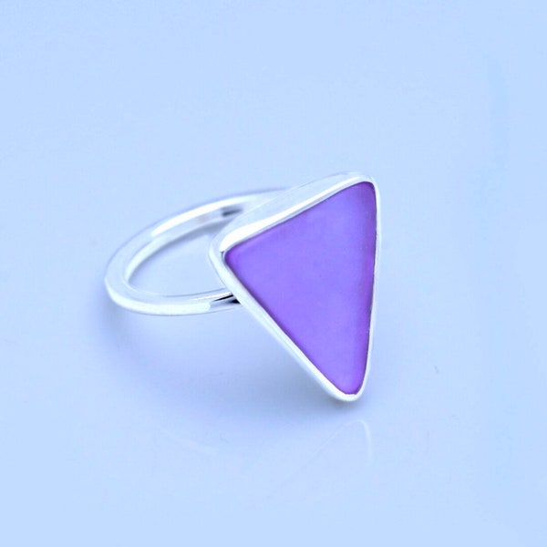 Purple sea glass ring, large triangle seaglass ring, sterling silver handmade beach tropical jewelry, pinky ring