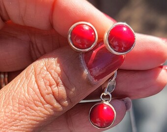 Red Coral post earrings and pendant set, sterling silver, Mothers Day gift for her