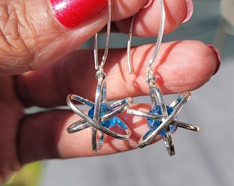 Sterling Silver Atom Earrings, Blue Crystal Science Jewelry