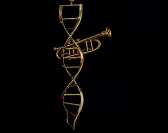 DNA Art Mobile with Trumpet Brass Handcrafted Science Double Helix  Art by Chester Allen