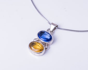 Blue and Golden topaz pendant set in sterling silver, unique double gem necklace, handmade jewelry gift
