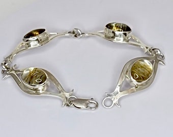 Gold color rutilated quartz link bracelet, sterling silver handmade gemstone bracelet, statement jewelry, gift for her