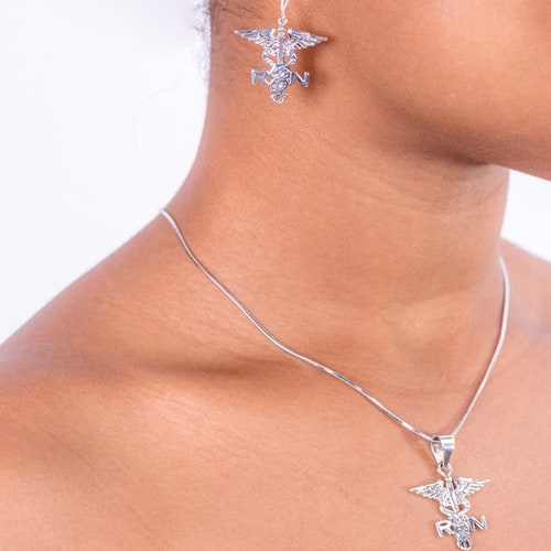 RN shops Jewelry set, Registered nurse gift ideas, medical symbol Necklace and drop earring set, ,caduceus, staff of Hermes,