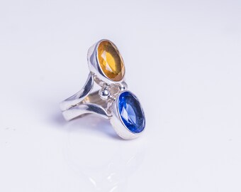 Blue and Golden topaz ring set in sterling silver, unique double gemstone, handmade jewelry gift, November and December birthstone