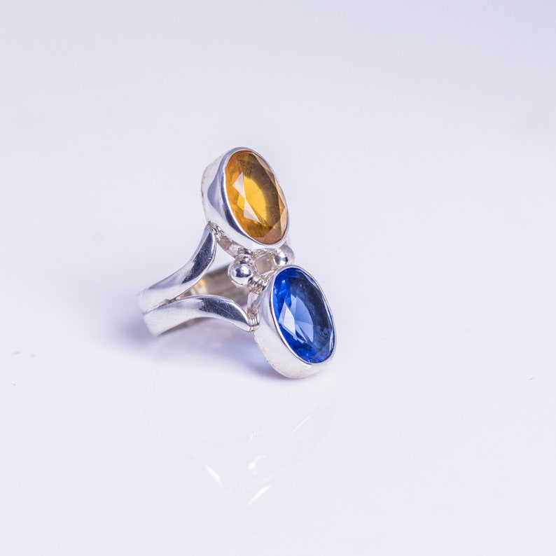 Blue and Golden topaz ring set in sterling silver, unique double gemstone, handmade jewelry gift, November and December birthstone image 1