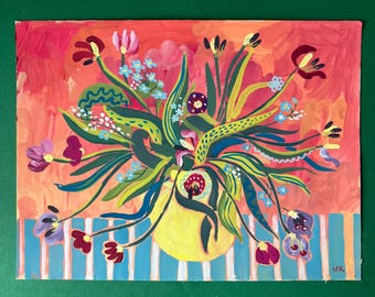 Original Abstract Floral Still Life Painting, Colorful Vase Wall Art, Modern Hand-Painted Flower Artwork,  hand-drawn Tulips