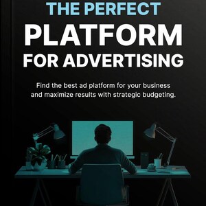 May include: A person sits at a desk in front of a computer. The text on the image reads: "THE PERFECT PLATFORM FOR ADVERTISING. Find the best ad platform for your business and maximize results with strategic budgeting."