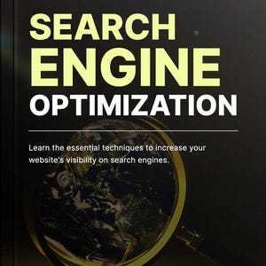 May include: Image with the text "SEARCH ENGINE OPTIMIZATION" in large, yellow letters. Below, it reads "Learn the essential techniques to increase your website's visibility on search engines." A magnifying glass frames a globe.