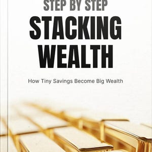 May include: Book cover with the title "STEP BY STEP STACKING WEALTH" in large black letters over a background of gold bars. The subtitle reads "How Tiny Savings Become Big Wealth."
