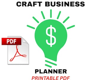 May include: A graphic with the words "CRAFT BUSINESS PLANNER" and "PRINTABLE PDF" in black and red text. A green lightbulb with a dollar sign inside is in the center. A PDF icon is on the left. The text "34 PAGES CRAFT BUSINESS PLANNER" is at the bottom.