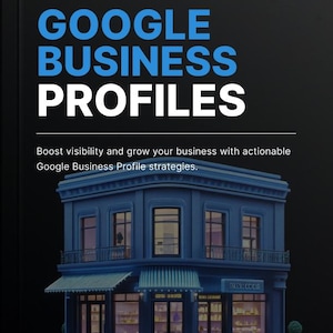 Könnte beinhalten: Digitale Illustration mit dem Text "GOOGLE BUSINESS PROFILES" in Blau und Weiß. Darunter ein zweistöckiges blaues Gebäude mit beleuchteten Fenstern und einem Schild mit der Aufschrift "HALDOOR". Der Text "Boost visibility and grow your business..." ist ebenfalls vorhanden.