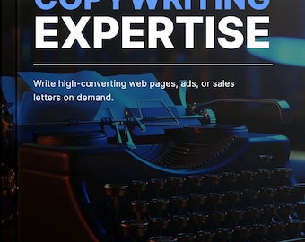 Puede incluir: La imagen muestra el texto "COPYWRITING EXPERTISE" en azul y blanco, con el lema "Write high-converting web pages, ads, or sales letters on demand." Una máquina de escribir vintage está en primer plano, con una combinación de colores azul oscuro y negro.