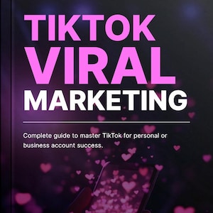 以下が含まれることがあります： 大きなピンク色の文字で「TIKTOK VIRAL MARKETING」と書かれた本の表紙。 下には白い文字で「MARKETING」と書かれています。 表紙には「個人またはビジネスアカウントの成功のためのTikTokをマスターするための完全なガイド」というキャッチフレーズが含まれています。