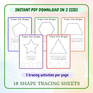 May include: Educational printable featuring shape tracing activities. The image displays colorful cards with shapes like pentagons, stars, and triangles, each labeled with the shape's name. Text includes "Instant PDF Download in 2 Sizes" and "18 Shape Tracing Sheets."