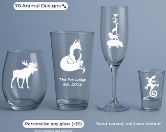 Animal Wine Glass – Engraved Wildlife Barware – 70 Animal Designs – Nature Lover Gift – Personalized