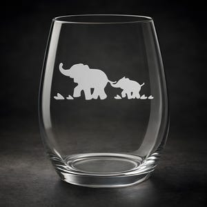 Etched Mother and Baby Elephant Glassware: Sandblasted Wine, Pint, Champagne, Shot Glass