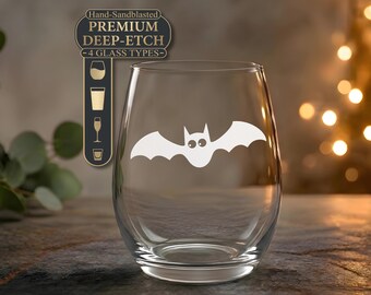 Bat Wine Glass — Hand Sandblasted Etched Stemless — Witchy Halloween Spooky Gothic Gift — Mothers Day Gift Whiskey Glass