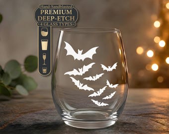 Bat Swarm Wine Glass — Engraved Gothic Witch Gift — Dark Academia Halloween Glass — Whiskey Glass